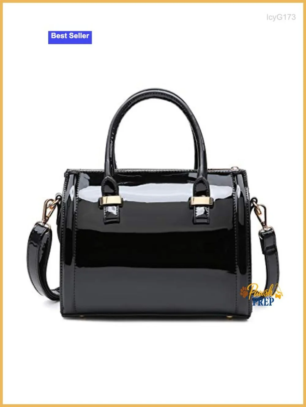 Patent Faux Leather Barrel Satchel Handbag - Detachable Shoulder Strap